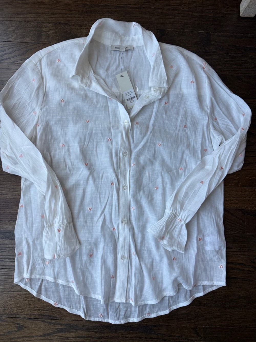NWT Francesca’s button down embroidered heart sheer top